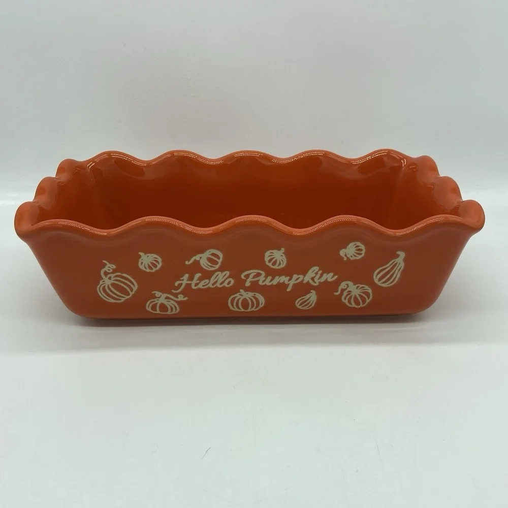 Hello Pumpkin Glass Loaf Pan Baking Dish Fall Thanksgiving Farmhouse Cottagecore